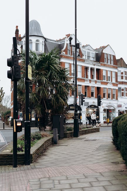 An outdoor urban scene on Upper Richmond Road showing a paved pedestrian walkway with a neatly trimmed hedge on one side and a small palm tree near the curb. In the background, there are multi-story brick and white-painted Victorian-style buildings with large windows and decorative architectural details. The street is equipped with traffic lights and streetlamps, and a few pedestrians are visible walking along the sidewalk, some carrying bags. Soft natural daylight illuminates the scene, highlighting the clean and well-maintained surfaces of the pavement and building facades. This image exemplifies the importance of regular cleaning and maintenance of outdoor surfaces and structures, as promoted by Putney Cleaners for residential and commercial properties in the area.