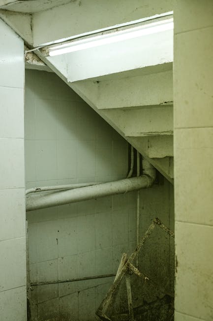 Close-up of a concrete basement wall with visible black and grey mold stains, indicating moisture problems. The surface shows irregular patches of mold growth, some with fuzzy textures, contrasting ag